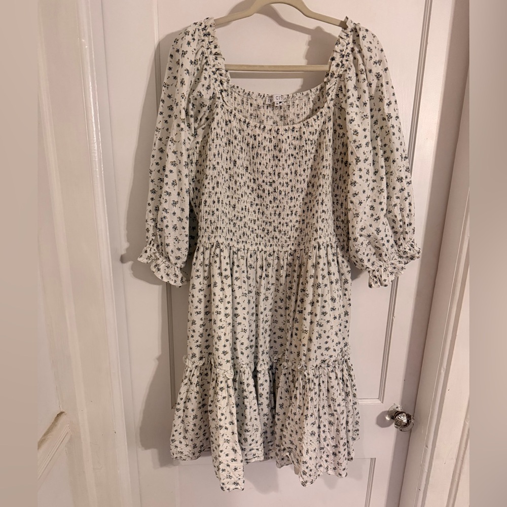Ivy City Cream Floral Smocked Midi Dress with Puff Sleeves
